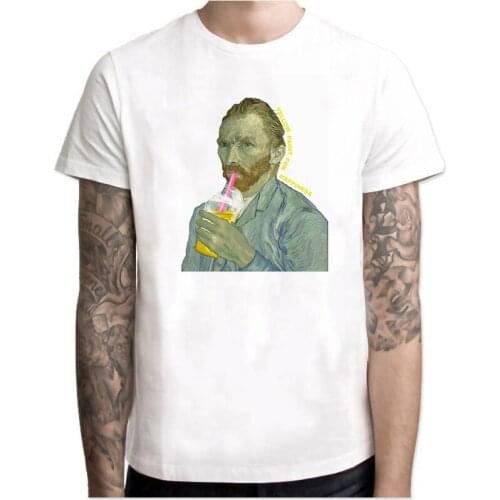 Van Gogh Drink Paint for Happiness Harajuku Streetwear Short Sleeve Funny Men White T Shirt Summer Tops Camisetas Hombre