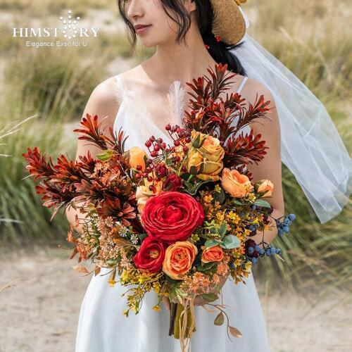 HIMSTORY Vintage Orange Red Green Mix Color Flower Leaf Wedding Bouquet Bridal Silk Rose Bride Holding Bouquet Wedding Accessor