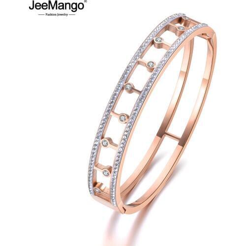 JeeMango Mosaic Rhinestone & CZ Crystal Lovers Stainless Steel Bangle Jewelry For Women Rose Gold Viking Cuff Bracelets JB19002