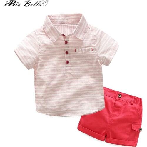 Summer Boys Clothes Set Boy Gentleman Outfits Short Sleeve Striped T-shirt with Red Shorts Kids Clothing