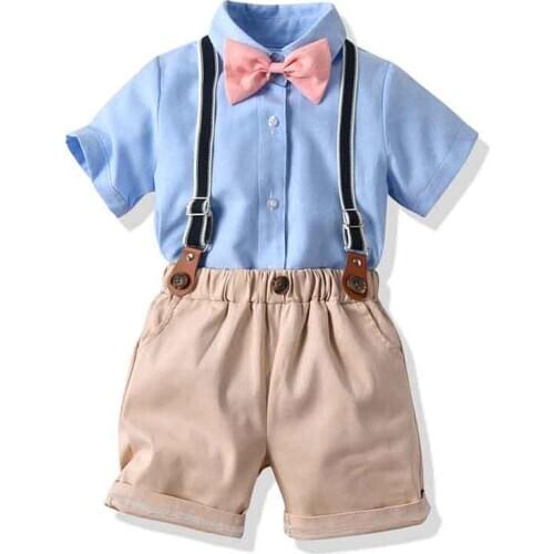 Toddler Boys Clothing Set Summer Gentleman Suit Bow Tie Shirt Suspender Shorts 4pcs Birthday Wedding Party Kids Clothes