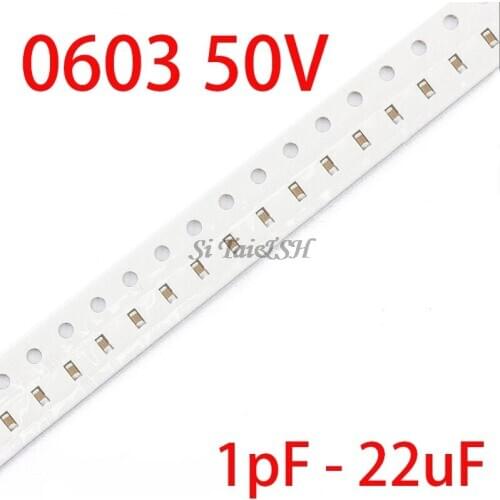 100pcs 0603 50V SMD Thick Film Chip Multilayer Ceramic Capacitor 1pF - 22uF 10NF 100NF 1UF 2.2UF 4.7UF 10UF 1NF 100PF