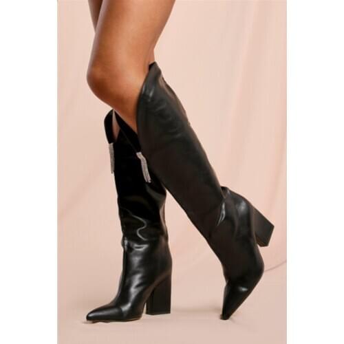 MKKHOU Fashion Knee-Length Boots Women 2020 New Winter Pointed Toe rRhinestone Fringe Decoration Thick Heel High Heel Boots