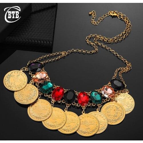 Fashion New Dubai Womens Color Crystal Charm Necklace Arabian Coin Luxury Wedding Gift Islamic Muslim Necklace Jewelry
