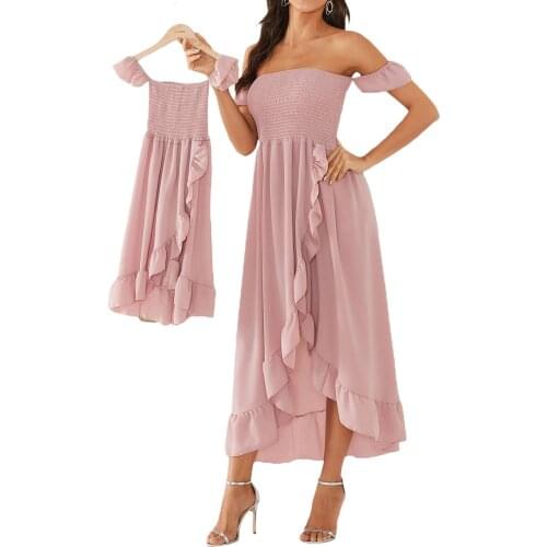 Wallarenear 3 Colors Family Matching Off-shoulder Dress For Women Girls With Ruffled Hem Solid Knee Length A-Line Dress