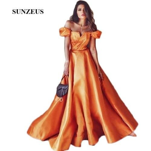 Off the Shoulder A-Line Evening Dresses 2021 Short Sleeve Orange Satin Evening Gowns Long Strapless Girls Prom Party Gowns