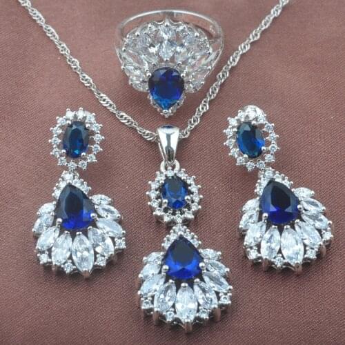 Luxurious Blue Cubic Zirconia Silver Color Jewelry Set Wedding Jewelry For Women Ring Necklace And Earrings Set TZ0475