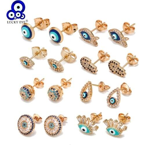 Lucky Eye Blue Zircon Evil Eye Fatima Hand Stud Earrings Gold Silver Color Small Earrings for Women Girls Fashion Jewelry BD423