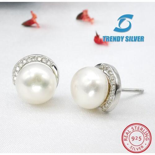 Fresh water natural pearl stub earrings with stones for woman 925 sterling silver jewelry wholesale free shipping TSCE00343