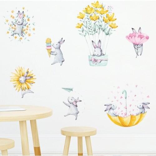 Cute Flower Umbrella Bunny Wallpaper Bedroom Entrance Kindergarten Commercial Landscaping Decorative Wall Sticker Self-Adhesive