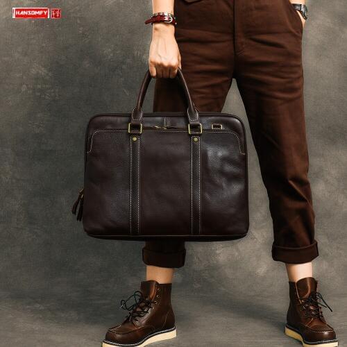 Vintage Mens Handbag 15.6 Inch Laptop Briefcase Male Shoulder Crossbody Bag Genuine Leather Computer Bag Business Travel Bags