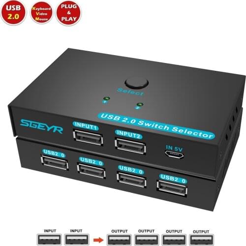 USB Switch, SGEYR USB 2.0 Switch 2 in 4 Out Peripheral Switcher Selector Box 2 Computers Sharing 4 USB Devices for Printer,Mouse