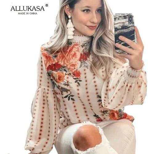 Fashion Lantern Sleeve High Neck Long Sleeve Ladies Blouse Retro Floral Pleated Printed Loose Chiffon Boho Top and Shirt