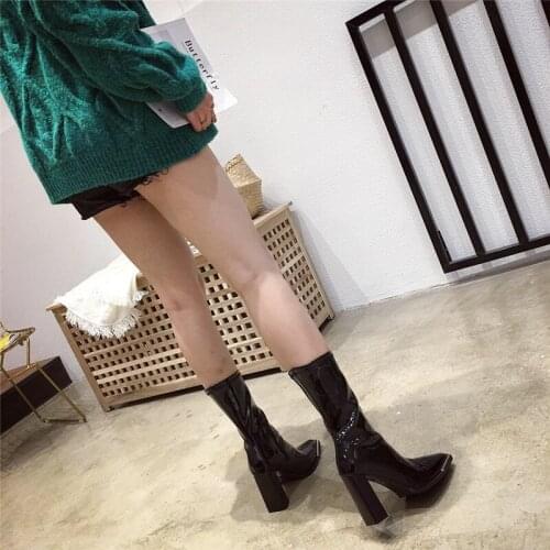 2021 New Elastic patent leather women mid-calf boots metal decor square toe black boots chunky high heel botas mujer ladies