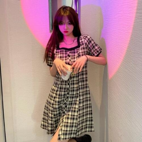 Dress Temperament Square Collar Plaid Short-sleeved Dress Female Summer New Style Korean High-waisted Thin A-line Skirt