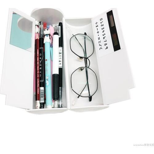 1 Piece Multi-functional Stationery Holder with Mirror Solar Calculator Note Board Pencil Pen School Supplies Holder Case