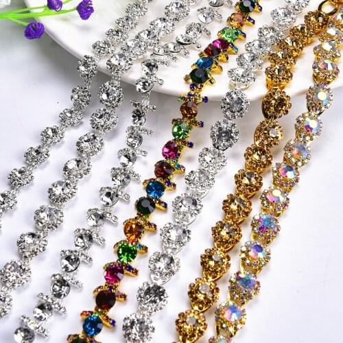 1 Yard/Lot High Quality Bridal Dress Decoration Glass Rhinestone Trim Clear Crystal AB Flower Cup Chain Trim