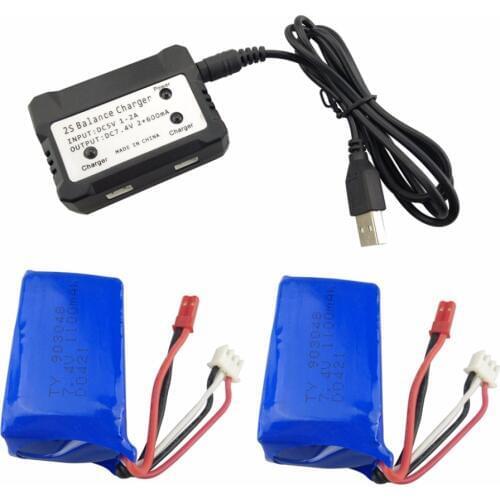 2PCS 7.4V 1100mah Lithium Battery with 2-in-1 Charger for WLtoys A949 A959 A969 A979 S989 V912 T23 T55 F45 A320 A321