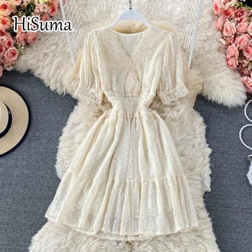 2021 summer new women V-neck puff sleeve ruffles chiffon with lace A-line dress female Chic elegant waist party dresses