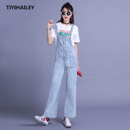 TIYIHAILEY Free Shipping 2020 Fashion Bib Pants Loose Denim Preppy Style Size 25-30 Straight Pants For Women Long Pants Summer