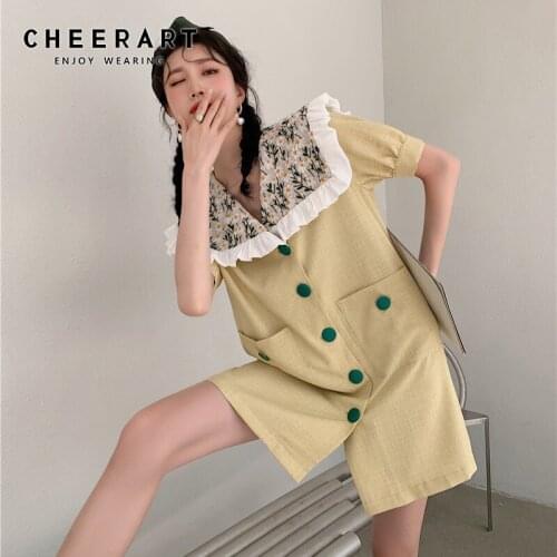 CHEERART Floral Ruffle Sailor Collar Yellow Button Up Dress Women Korean Fashion Summer Short Sleeve Mini Designer Dress Clothin