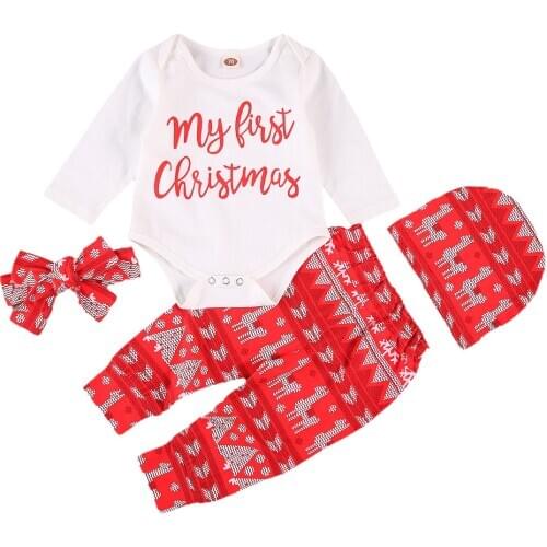 Ma&Baby 0-24M Christmas Newborn Infant Baby Girls Clothes Set Letter Romper Pants Hat Headband Xmas Red Outfits