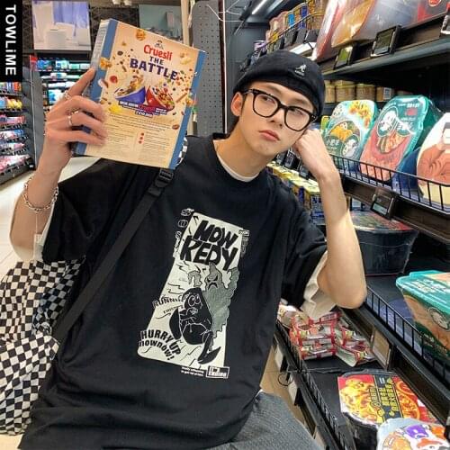 Men Korean Loose Summer Anime Cartoon Print Short Sleeve T Shirts 2021 Mens Fashion Streetwear Harajuku Tees Women Casual Tops