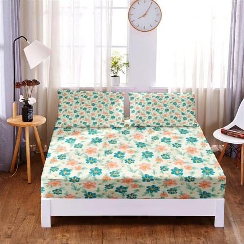 Floral Digital Printed 3pc Polyester Fitted Sheet Mattress Cover Four Corners with Elastic Band Bed Sheet Pillowcases