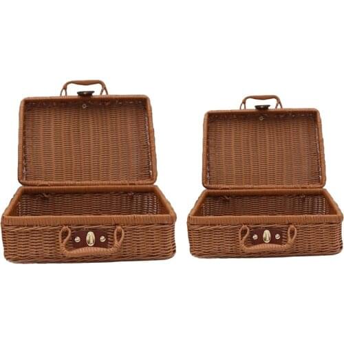Picnic Basket,Woven Wicker Vintage Suitcase Woven Storage Basket Rattan Storage Case Picnic Weave Laundry Basket-ABUX