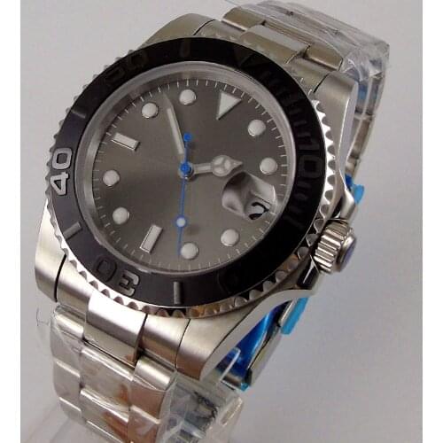 40mm Genuine NH35 MIYOTA 8215 Movement Automatic Mens Watch Grey Dial Sapphire glass Date Brushed Ceramic Bezel Steel Bracelet