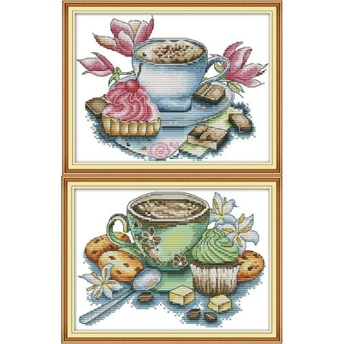 Joy Sunday Teacup & Cake Cross Stitch Kits 14CT Printed Canvas Stitches Embroidery DIY Handmade Printed Patterns DMC Home Decor