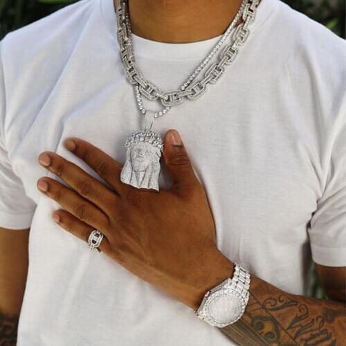 5A cubic zirconia iced out bling baguette cz engagement band full cz ring hiphop men boy cuban link chain necklace jewelry set