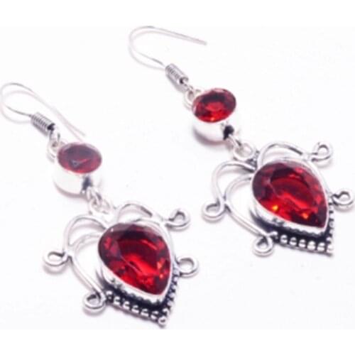 Genuine Garnet Silver Overlay on Copper Earrings , Hand made Women Jewelry Gift, E5143