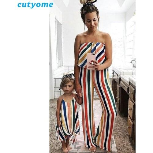 Family Matching Mother And Daughter Clothes Outfits Mother Striped Overalls Jumpsuits Daughter Sleeveless Dress For Mommy And Me