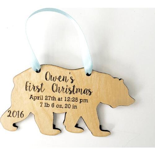 Bear Babys First Christmas Ornament - personalized Wooden Ornament - new baby gift - birth details - stocking stuffer gift