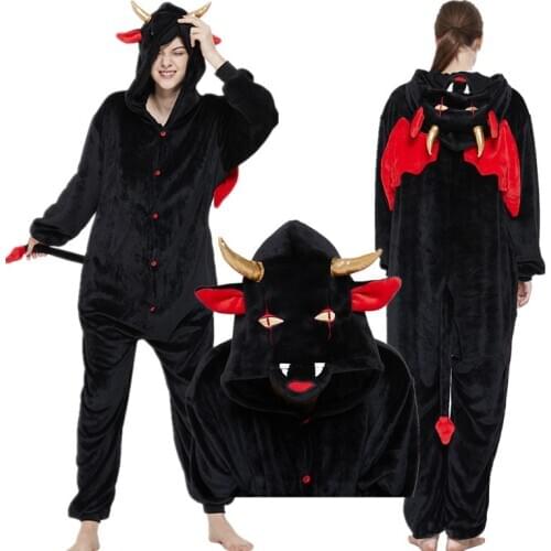 Adult Kigurumi Devil Onesies Flannel Cute Animal Pajamas Sets Kids Winter Demon Nightie Pyjamas Sleepwear Homewear