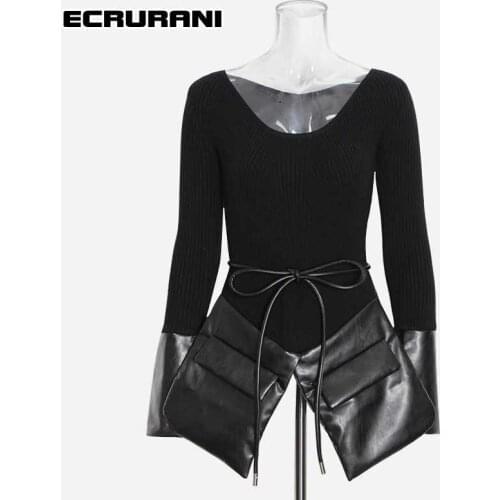 ECRURANI Black Bowknot Pullover Sweater For Women O Neck Long Sleeve Patchwork High Waist Casual Sweaters Females Clothing Tide