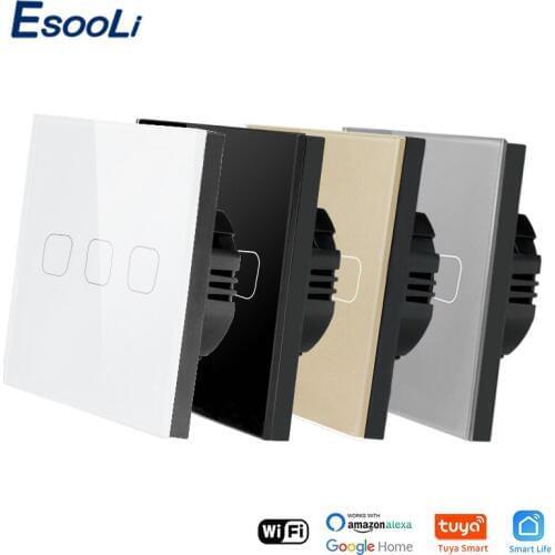 EsooLi Luxurious Glass Panel EU Standard 3 Gang Tuya Wall Light Touch Switch for Google Home Wireless Control WIFI Smart Switch