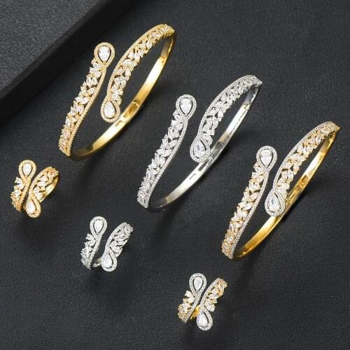 Luxury finely Peacock tail Bangle Ring Sets for Women Wedding Dubai Bridal Bangle Ring Sets aretes de mujer modernos