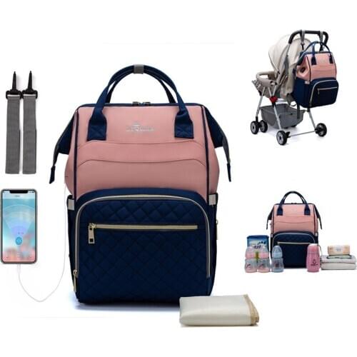 Lequeen USB Diaper Bag Backpack Diaper Organizer Mummy Maternity Nappy Bag for Baby Stroller Diaper Changing Mat Backpack Women