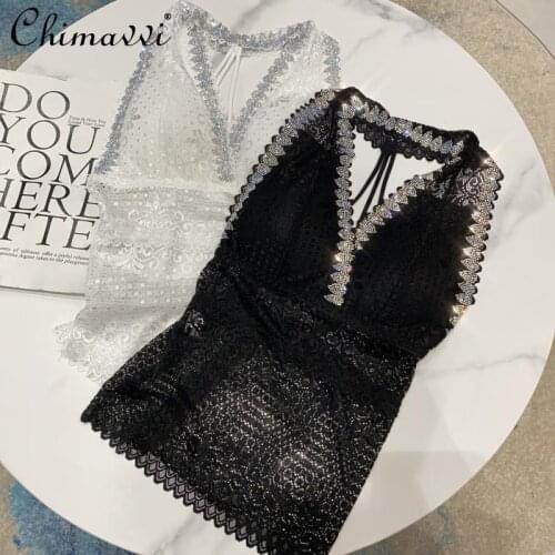 Sexy Lace Tank Women New Hot Rhinestone Halter Slim Fit Backless Chest Pad Vest Top for Lady 2021 Summer Camisole Sling Crop Top