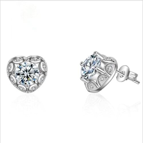 Trendy Silver Plated Earrings For Women Party Accessories Fashion Crystal Heart Stud Earrings Girl Birthday Bijou