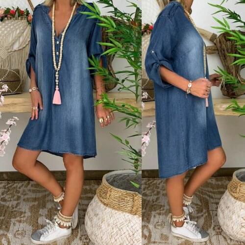 Vintage Denim Dresses Womens Summer Plus Size Casual Long Party Dresses Short Sleeve V Neck Swing Mini Dress Лонгслив