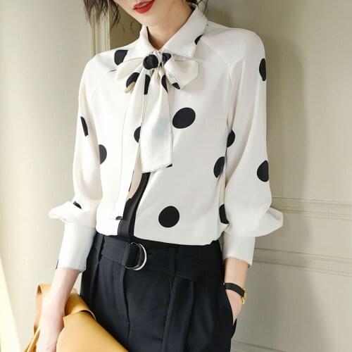 Polka Dot Chiffon Shirt womens bow dress spring 2021 Polka Dot Shirt color contrast Polka Dot Lace Long Sleeve Top Women