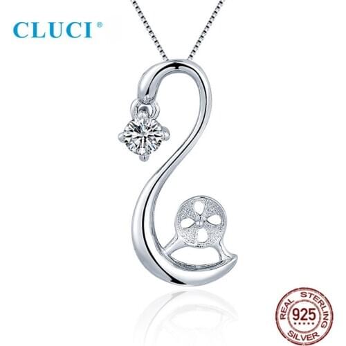 CLUCI Women Swan Pendant Fitting CZ 925 Sterling Silver Charm Fit 7-8mm Round Pearl DIY Necklace Jewelry Making SP434SB