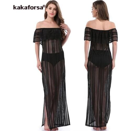 Kakaforsa 2019 Beach Cover Up Hollow Out Perspective Summer Robe De Plage Split Sexy Strappless Kaftan Bathing Suit Cover Ups