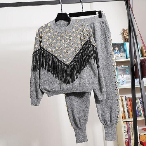 Women Knitted Tracksuit Set Handwork Diamonds Tassel Sweater Pencil Pants Two Piece Outfits Female Loose Black Gray Knitting 2pc