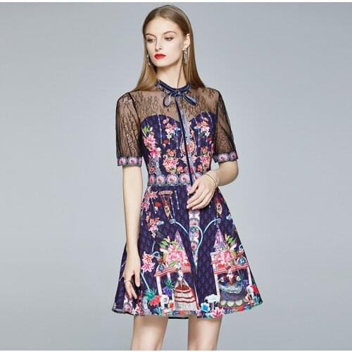 Womens Summer Round Neck Bow Short Sleeve Office Lady Vintage Lace Patchwork Print Waist Closing A-Line Knee-Length Dresses