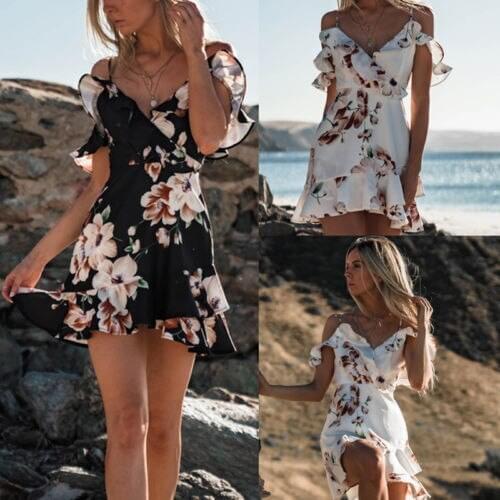 2018 hotwon Casual Women Floral Chiffon Summer Party Evening Off Shoulder Spaghetti Strap V-Neck Mini Dress
