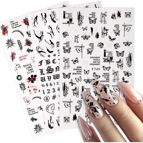 1PC Black And White Butterfly Pattern 3D Nails Sticker Flower Geometrics Lines Decals Slider For Nails DIY Decorations Manicures